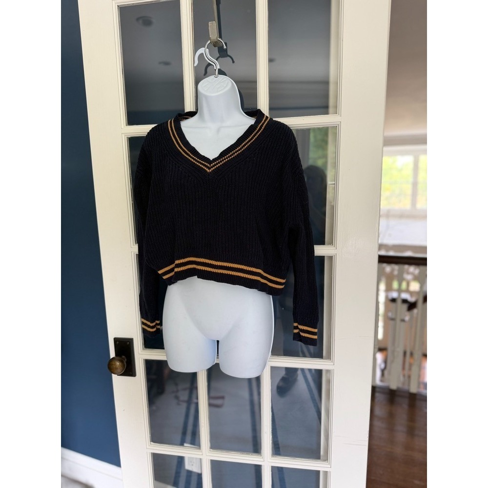 LA Hearts Varsity Blue Oversize Cropped V-Neck Knit Sweater from PacSun, Size XS
